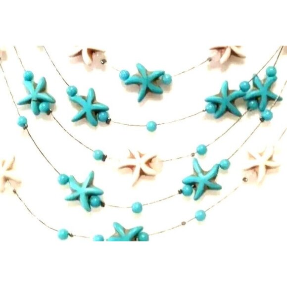 Nautical Ocean Starfish Bead Necklace Statement Bib Floating Wire Blue White - Picture 2 of 5